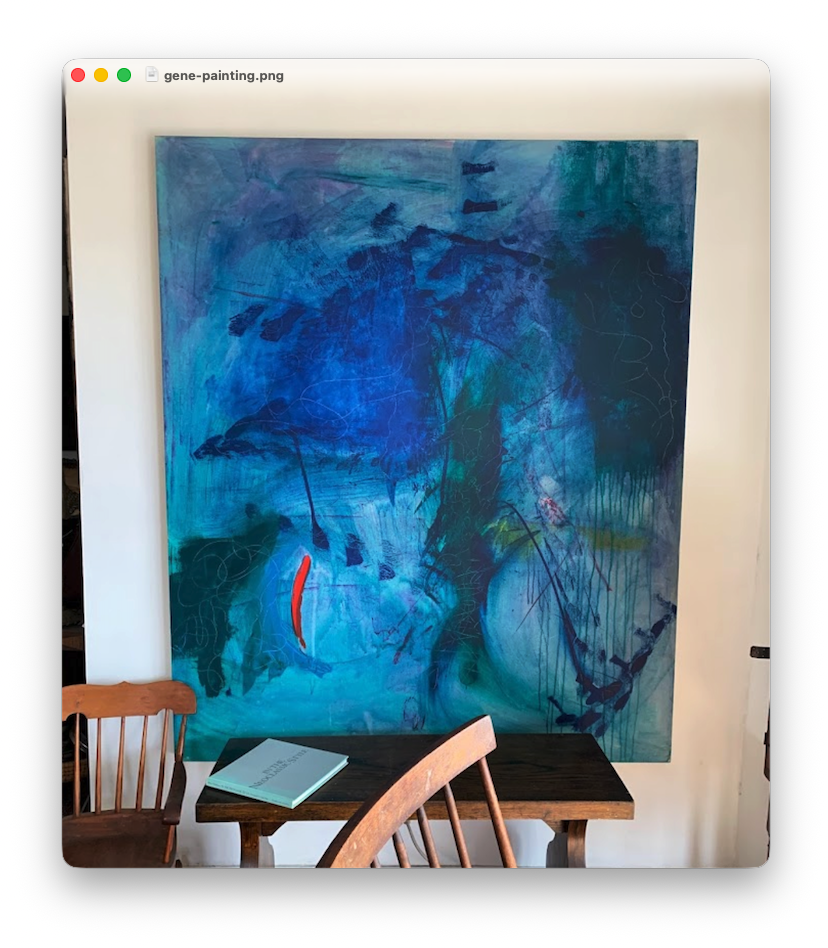 A blue painting with a small red line on it.